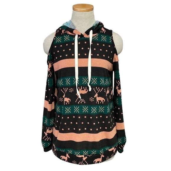 Miss U Sweater Christmas Womens Small Black Green NWT Winter Cold Shoulder Knit - Picture 1 of 13